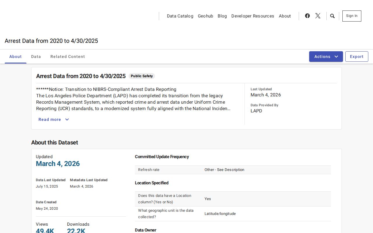 Los Angeles LAPD arrest records data interface