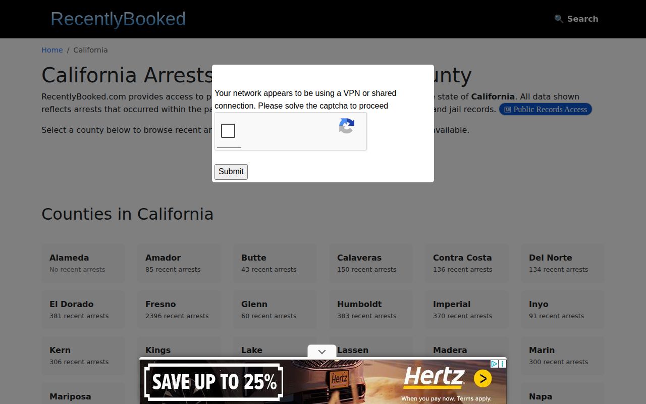 Los Angeles County crime-news check showing no county entry in a California booking index