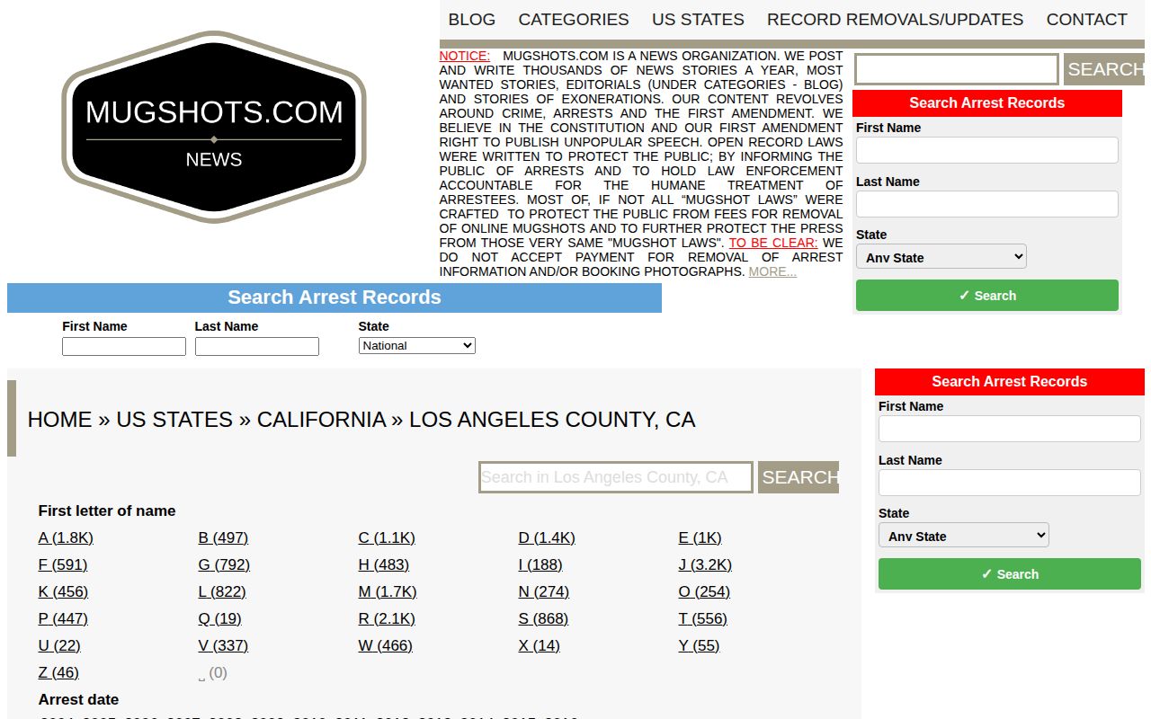 Los Angeles County crime-news view of an unofficial historical mugshot section