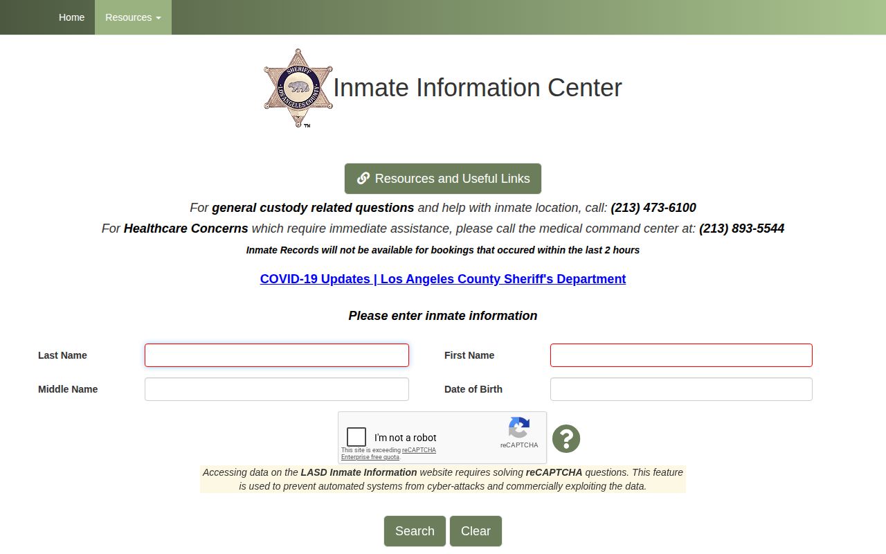 Los Angeles County jail roster and current booking search
