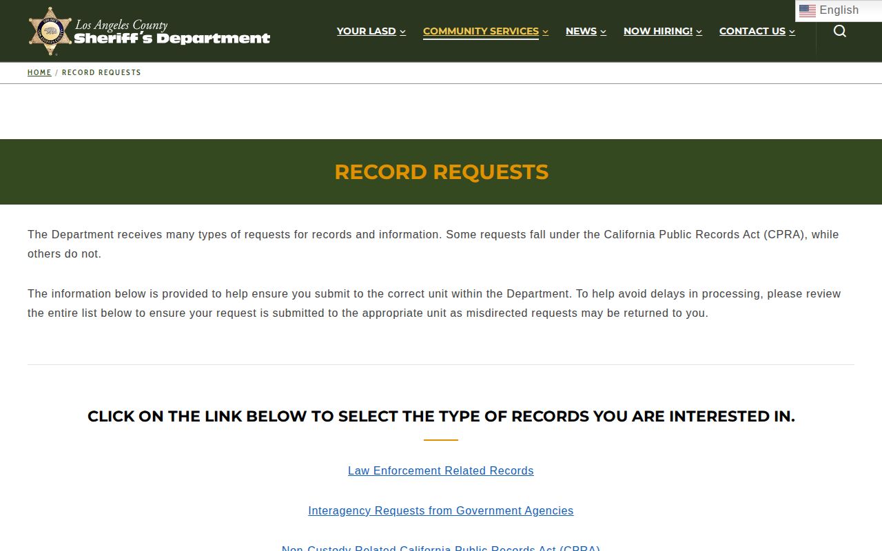 Los Angeles County booking record and mugshot request page