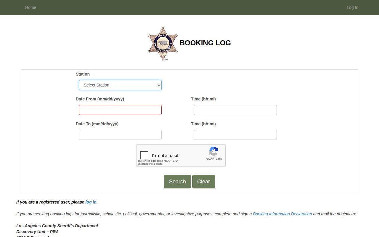 Los Angeles County recent booking log station and date search