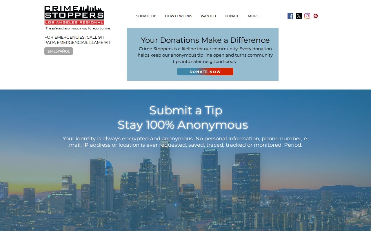 Los Angeles County wanted-fugitive Crime Stoppers tip interface